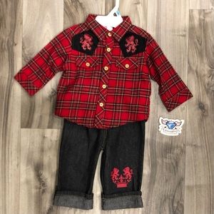 GLAMAJAMA Boy 3-6 Mos. Red Plaid Shirt Cuffed Jeans Outfit BNWT